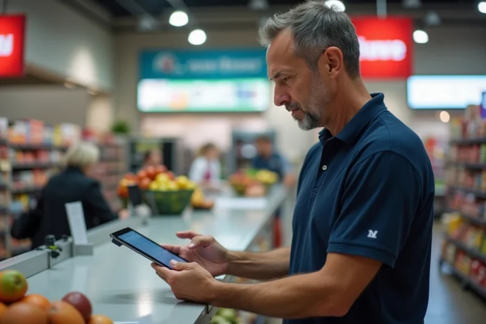 Client consultant un portail de facture Carrefour sur tablette au comptoir du service client du supermarché