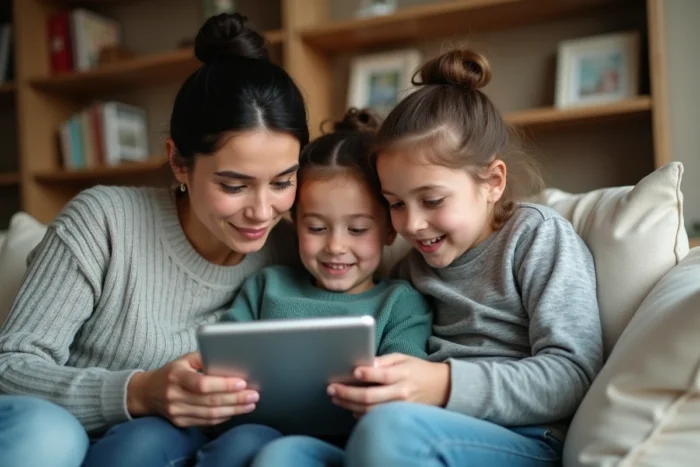 Une mère et ses enfants consultent ensemble une tablette numérique dans un salon familial chaleureux