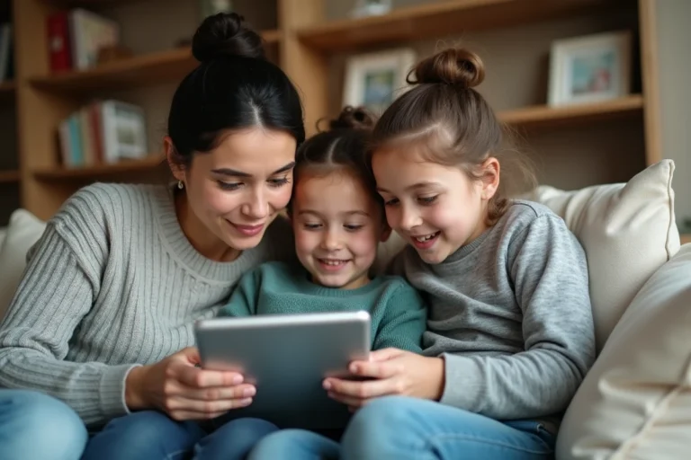 Une mère et ses enfants consultent ensemble une tablette numérique dans un salon familial chaleureux