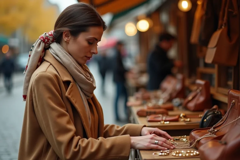 Femme élégante en manteau camel explorant des accessoires de mode sur un marché parisien en automne