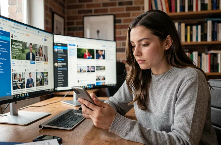 Jeune femme consultant les tendances et actualités du web en temps réel sur son smartphone et son ordinateur dans un bureau moderne
