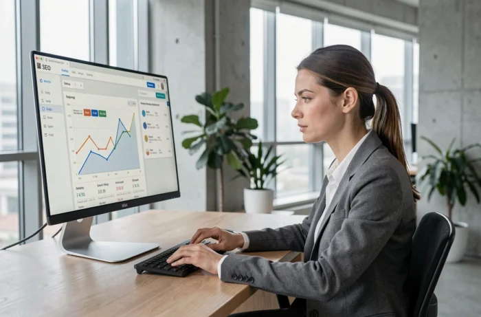 Femme professionnelle analysant une stratégie de référencement SEO sur un écran d'ordinateur dans un bureau moderne