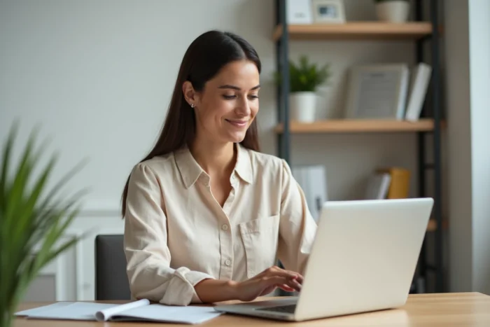 Femme consultant les avis sur le crédit Flex LCL sur son ordinateur portable dans un bureau à domicile