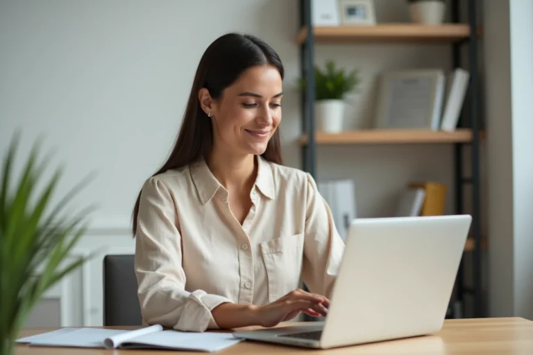 Femme consultant les avis sur le crédit Flex LCL sur son ordinateur portable dans un bureau à domicile