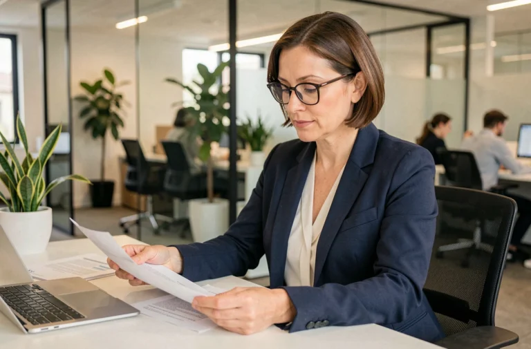 Femme professionnelle consultant des documents administratifs dans un bureau moderne lors d'un changement de nom d'entreprise