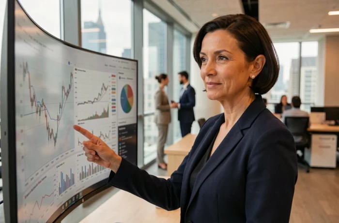 Femme cadre en blazer marine analysant des graphiques financiers sur un grand écran incurvé dans un bureau moderne en 2024