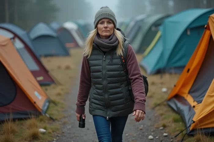 Femme se dirigeant vers les sanitaires d'un camping la nuit avec une lampe de poche et une trousse de toilette, chemin en gravier entre les tentes