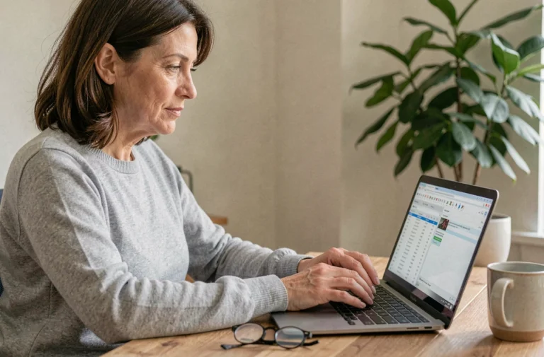 Femme consultant ses résultats d'analyses médicales en ligne sur un ordinateur portable depuis son bureau à domicile