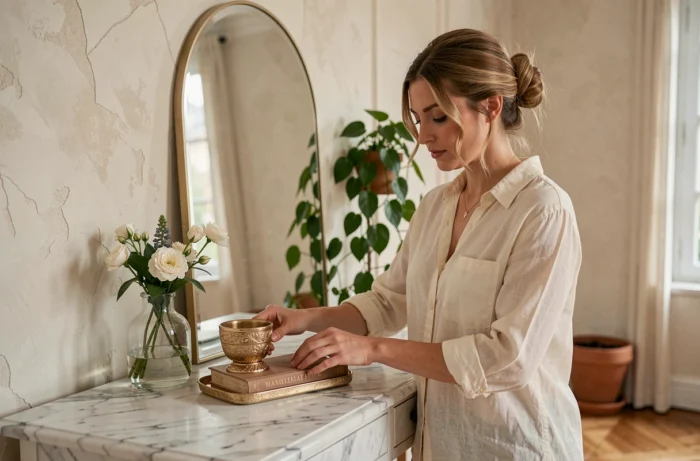 Femme arrangeant des accessoires décoratifs originaux sur une console en marbre dans un appartement parisien au parquet en chevrons