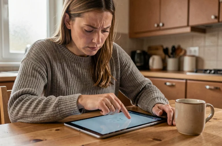 Femme résolvant un bug sur une tablette tactile dans une cuisine moderne
