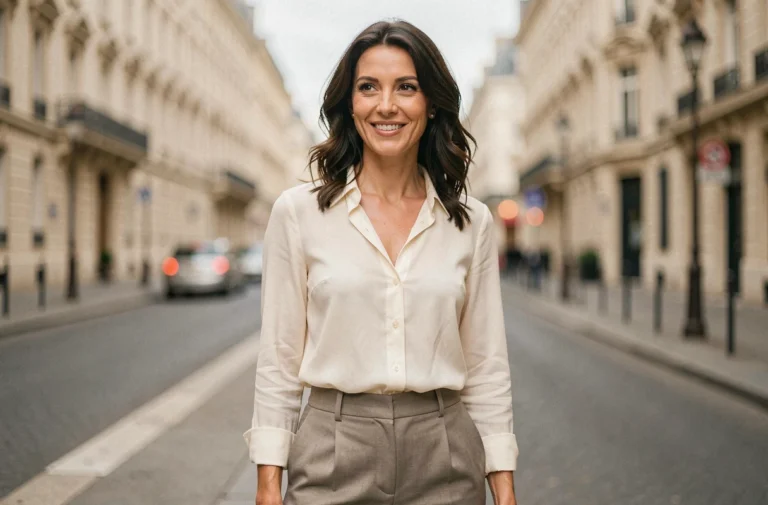 Femme française élégante souriante sur un boulevard parisien, portrait éditorial 2026