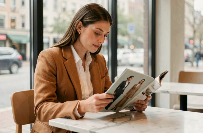 Femme élégante en blazer camel feuilletant un magazine de mode dans un café moderne aux murs de marbre