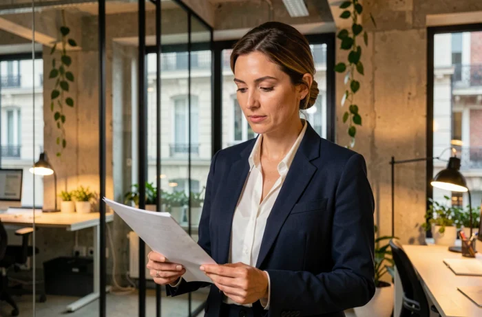 Portrait d'une femme entrepreneur française dans son bureau parisien moderne, incarnant confiance et réussite professionnelle