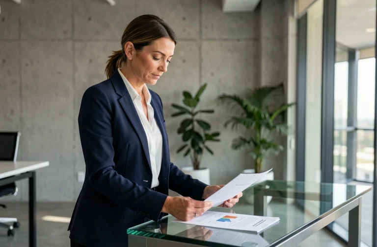 Femme entrepreneur confiante en blazer marine dans un bureau moderne, illustrant le parcours d'entreprendre au féminin