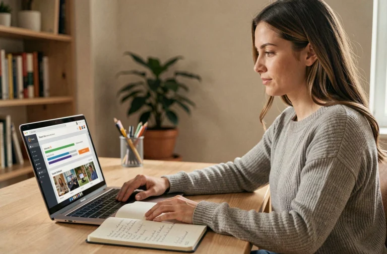 Femme suivant une formation en ligne sur son ordinateur portable dans un bureau à domicile organisé, avec un cahier de notes ouvert à côté