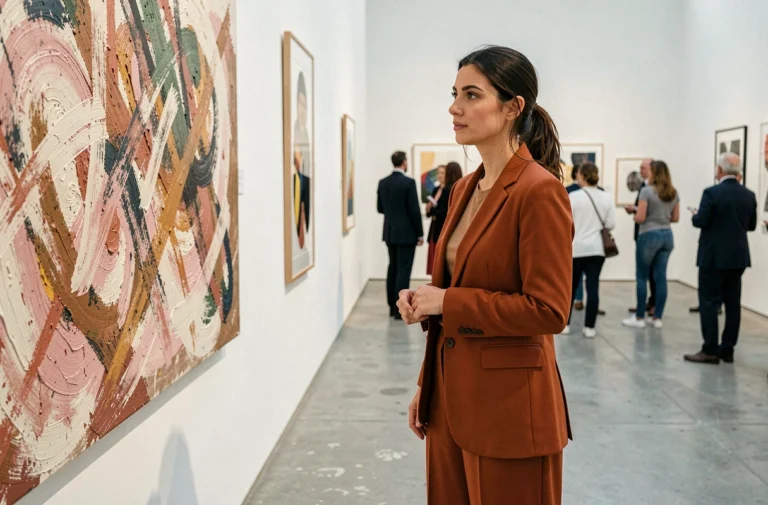 Femme élégante dans une galerie d'art contemporain découvrant les nouvelles tendances culturelles de la saison