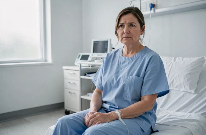 Femme en robe d'hôpital assise dans une chambre de récupération après une chirurgie, expression préoccupée