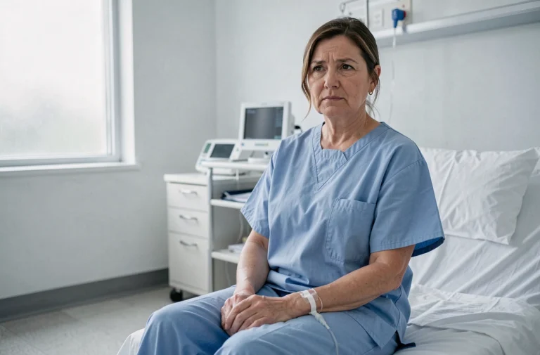 Femme en robe d'hôpital assise dans une chambre de récupération après une chirurgie, expression préoccupée