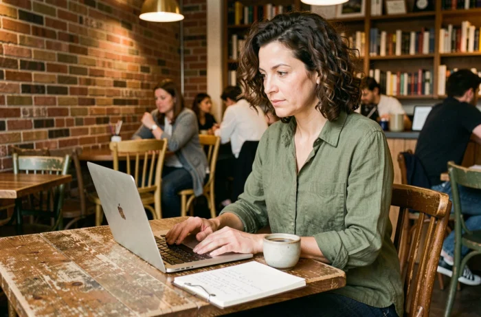 Femme inspirante travaillant dans un café sur son projet entrepreneurial, carnet de notes et ordinateur portable