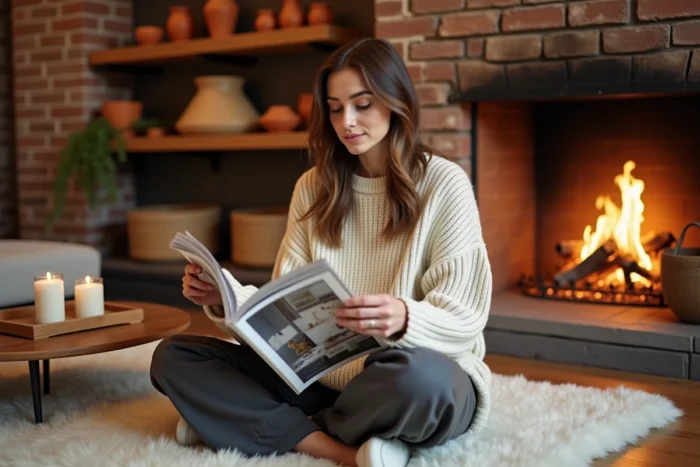 Femme détendue sur une peau de mouton devant une cheminée dans un intérieur chaleureux et tendance avec des accents en terre cuite