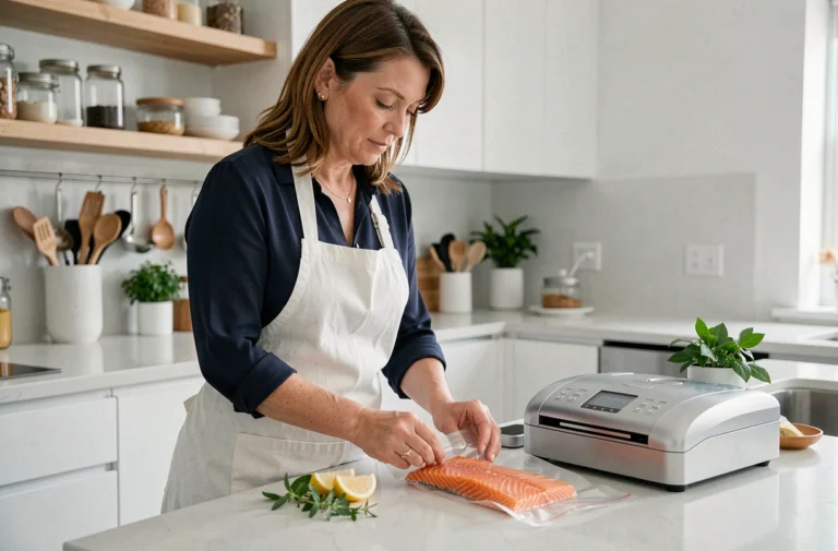 Femme utilisant une machine sous vide Magic Vac Maxima 2 pour emballer du saumon frais dans une cuisine moderne
