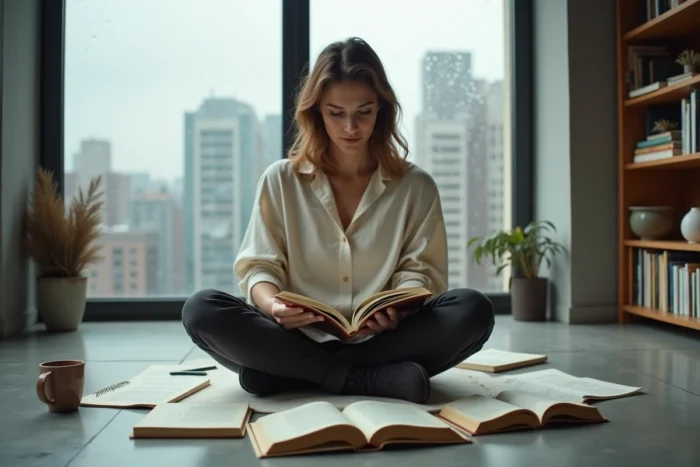 Femme assise entourée de livres de philosophie dans un appartement minimaliste, explorant les questions existentielles humaines