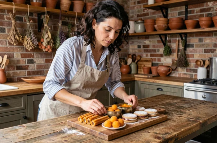 Femme arrangeant un plateau de desserts internationaux dans une cuisine artisanale avec churros, cannoli et gulab jamun