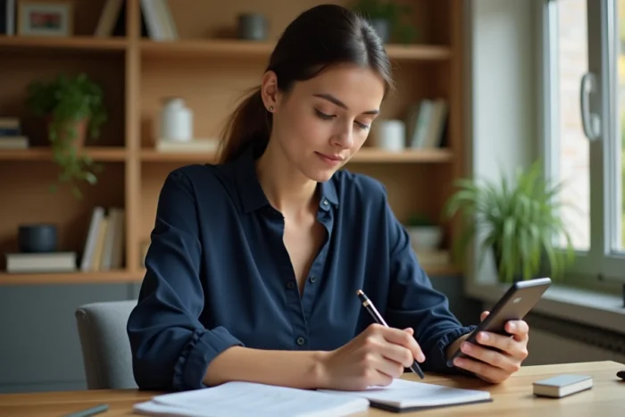 Femme préparant un appel téléphonique en consultant ses notes sur un bureau en bois à domicile