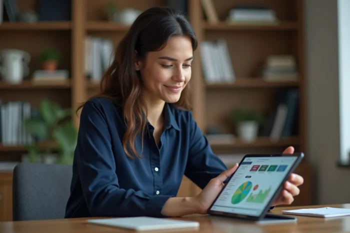 Jeune femme professionnelle utilisant une interface de plateforme numérique sur tablette dans un bureau moderne à domicile