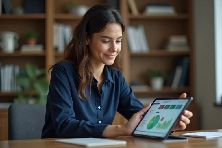 Jeune femme professionnelle utilisant une interface de plateforme numérique sur tablette dans un bureau moderne à domicile
