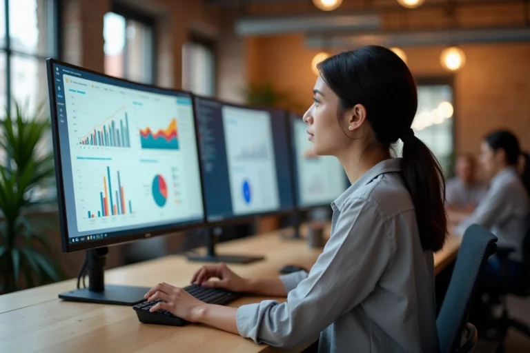 Femme professionnelle analysant des tendances web sur un écran d'ordinateur dans un espace de coworking moderne