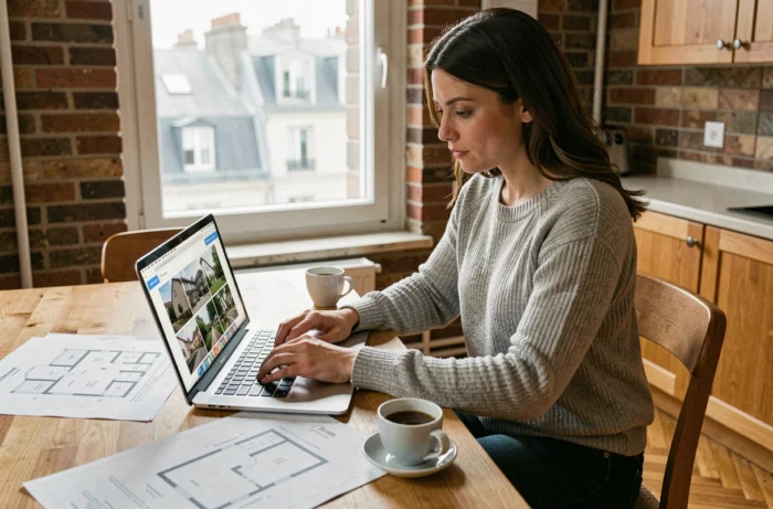 Femme consultant des annonces immobilières sur un ordinateur portable dans un appartement parisien cosy