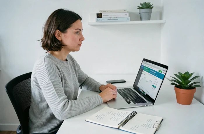 Femme recherchant les meilleures offres de crédit immobilier sur son ordinateur portable à son bureau