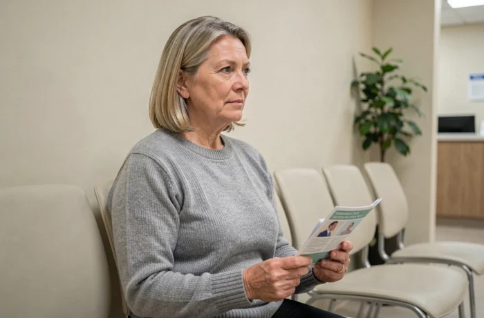 Femme d'âge mûr dans une salle d'attente médicale tenant une brochure de santé, illustrant la compréhension des maladies et leurs symptômes