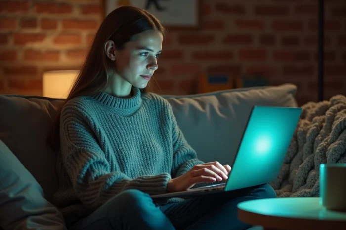 Jeune femme regardant un film en streaming sur son ordinateur portable depuis son canapé confortable