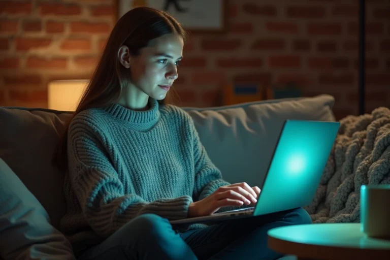 Jeune femme regardant un film en streaming sur son ordinateur portable depuis son canapé confortable