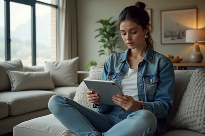 Femme utilisant une tablette pour accéder à un site miroir depuis son salon moderne
