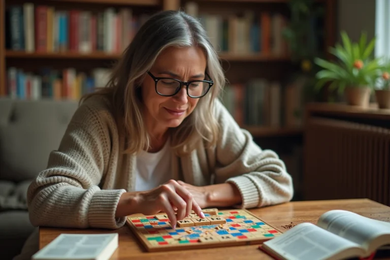 Femme consultant un dictionnaire de Scrabble pour vérifier un mot valide lors d'une partie