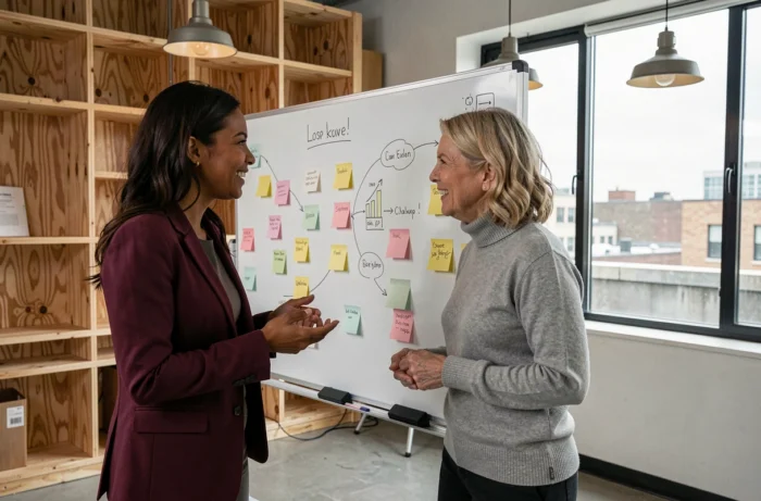 Deux femmes entrepreneuses en discussion collaborative devant un tableau d'idées dans un incubateur de startups