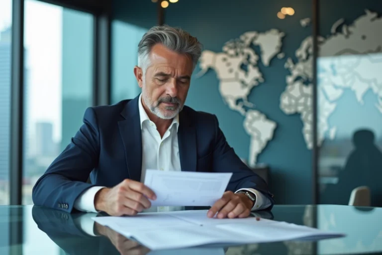 Homme d'affaires analysant des documents fiscaux internationaux dans un bureau moderne avec vue sur une skyline urbaine