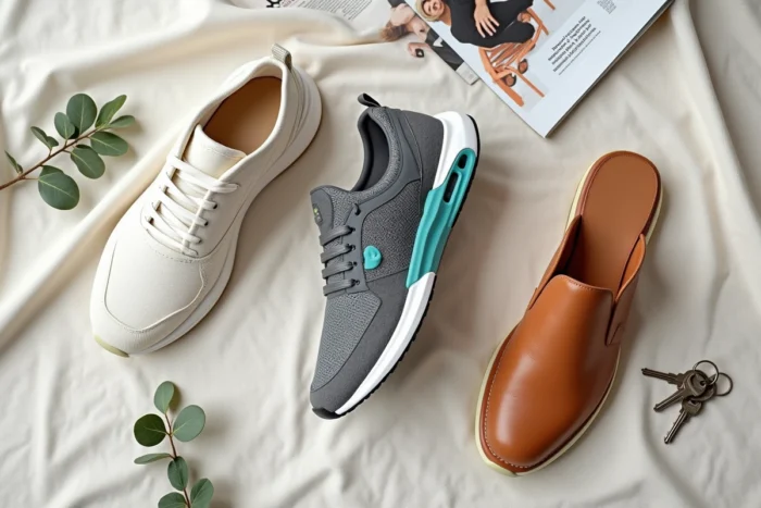 Flat-lay éditorial de trois paires de baskets tendances sur fond de lin blanc cassé avec accessoires lifestyle