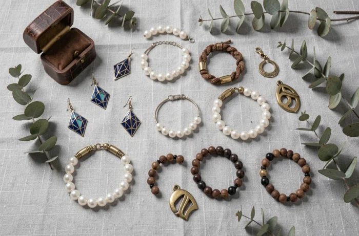 Flat lay de bijoux fantaisie tendance incluant boucles d'oreilles en émail, chokers et bracelets sur tissu lin gris
