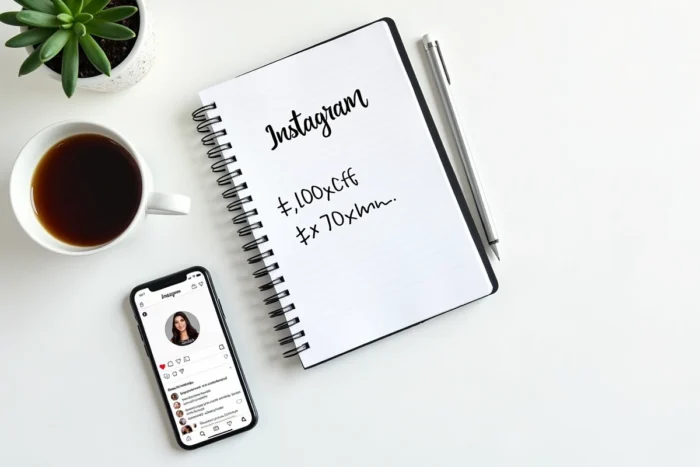 Vue de dessus d'un bureau avec smartphone affichant un profil Instagram populaire et notes manuscrites sur la monétisation d'un compte influenceur