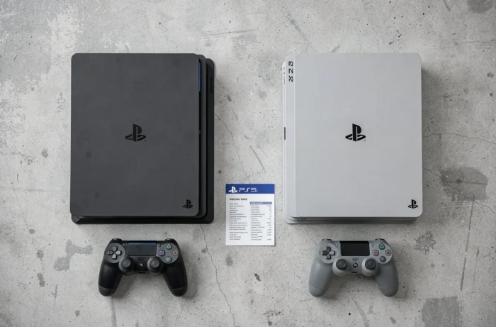 Vue en plongée à plat de la PS4 classique et de la PS4 Slim avec leurs manettes sur fond de béton gris pour un comparatif technique