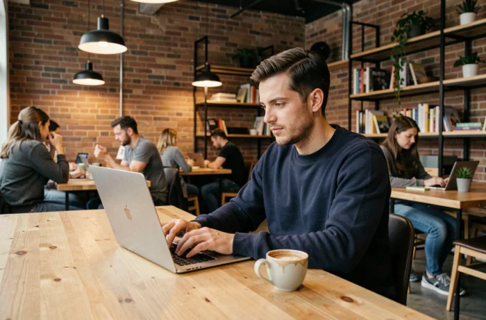Jeune auto-entrepreneur freelance travaillant sur son laptop dans un espace de coworking tendance en 2024