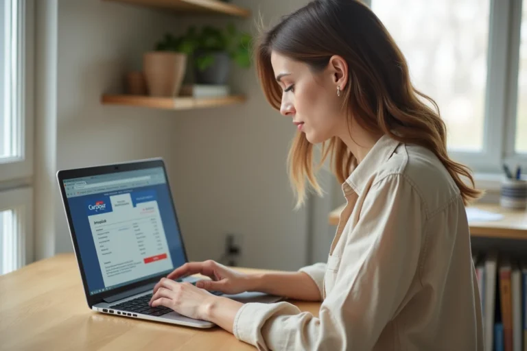 Femme générant une facture Carrefour en ligne sur un ordinateur portable depuis son bureau à domicile