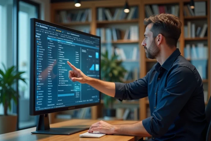 Homme gérant une interface de gestion d'archives numériques sur écran tactile dans un bureau vitré
