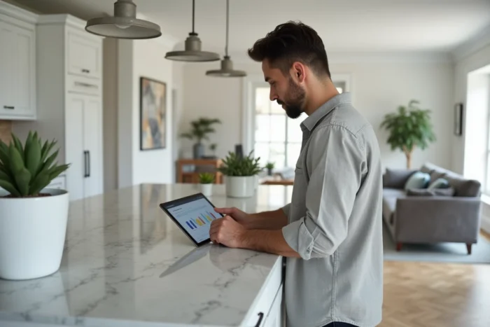 Homme consultant une application de gestion immobilière sur une tablette dans une cuisine moderne