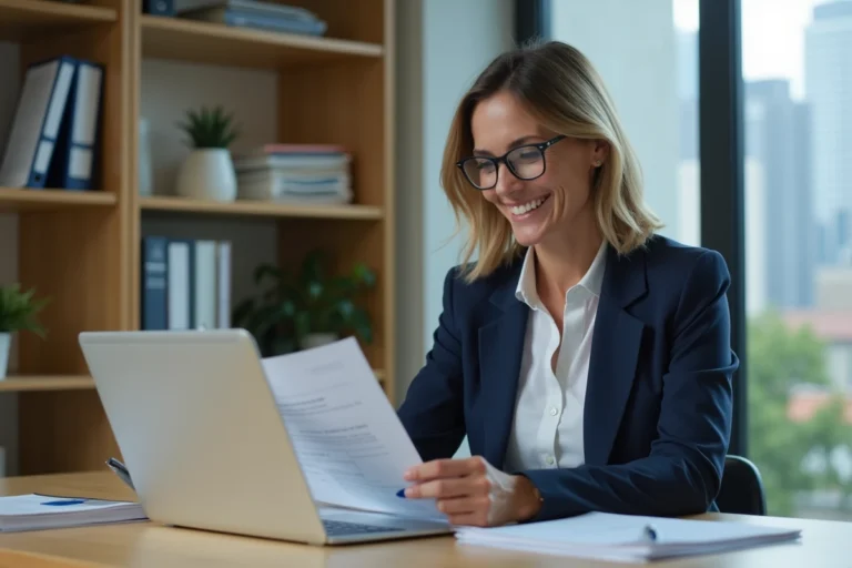 Femme professionnelle gérant ses biens immobiliers en ligne depuis son bureau à domicile avec un ordinateur portable