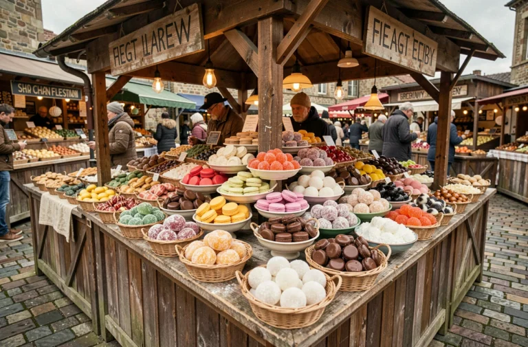 Étal de marché artisanal débordant de gourmandises du monde entier : macarons, lokum, mochi et chocolats belges
